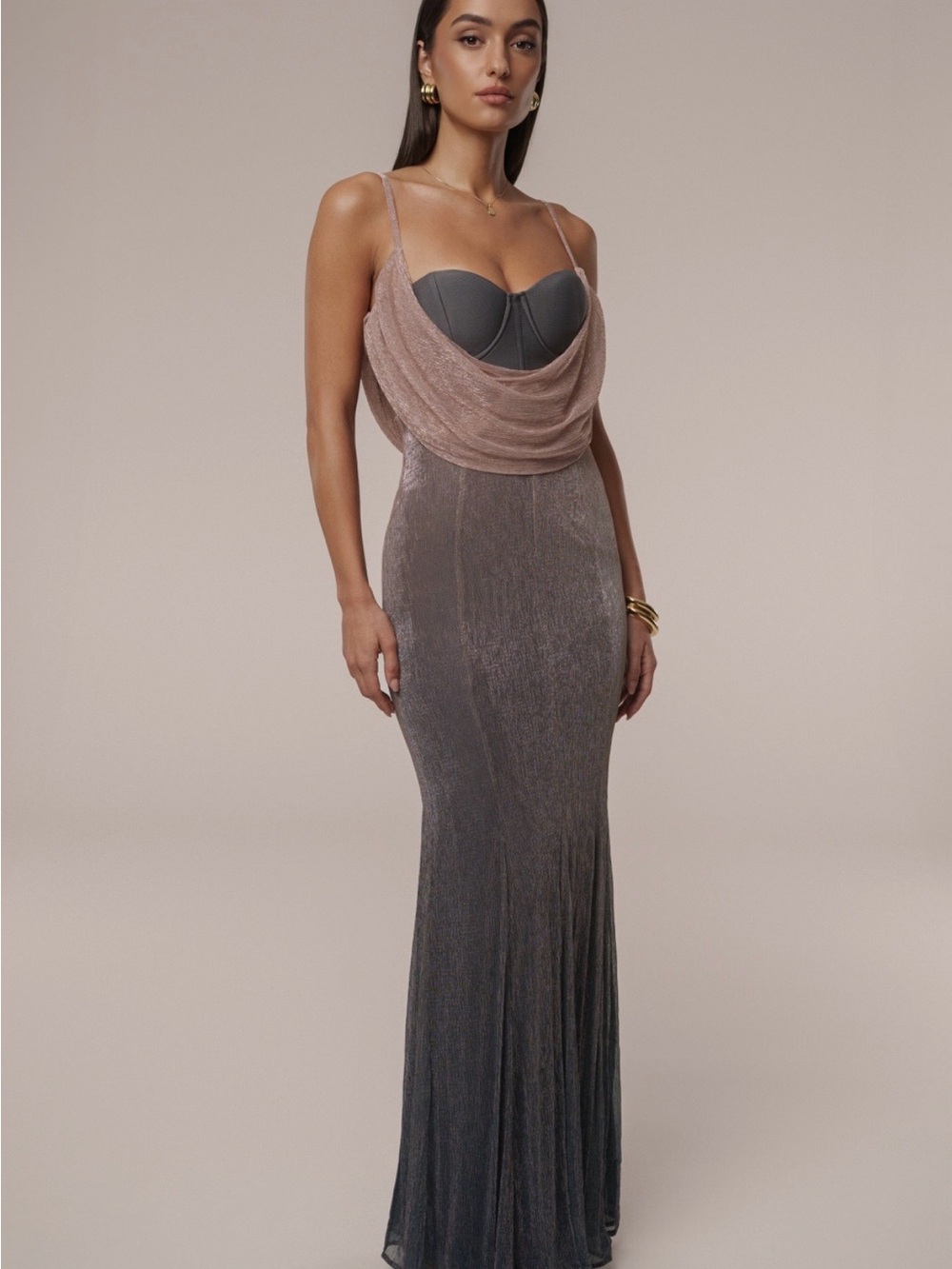 JLUXLABEL Metallic Draped Cowl Maxi Dress in Mauve and Charcoal - Picture 1 of 3